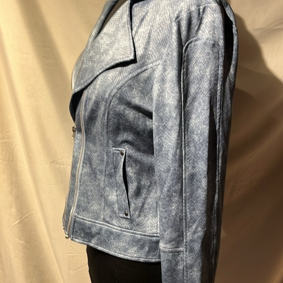 Medium blue double breasted zipper leather jacket snakeskin pattern nwt dressy - Picture 7 of 15